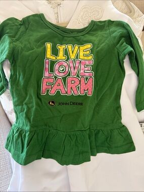 John Deere Green Long Sleeve Girls Peplum Top with Yellow and Pink Graphic
